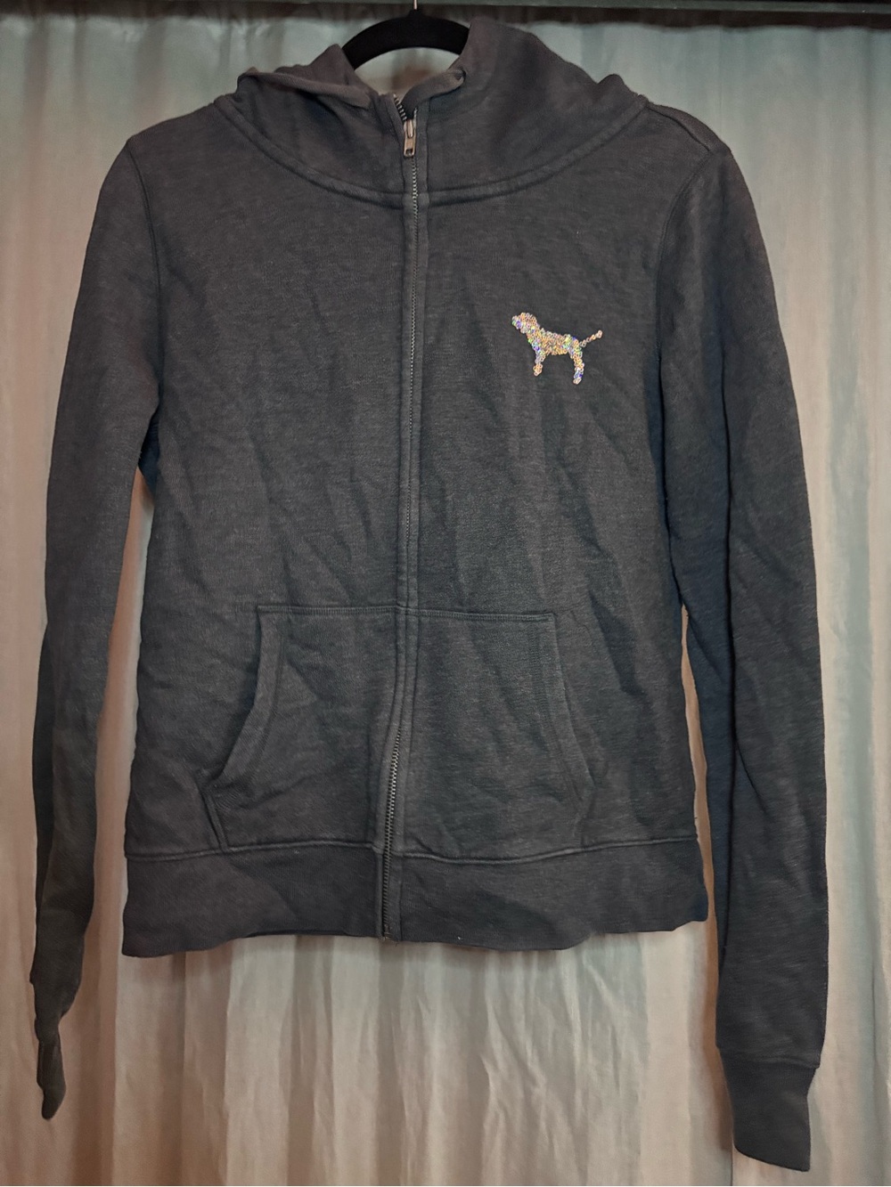 PINK Victoria's Secret Charcoal Gray Zip Hoodie with Sequin Dog Logo